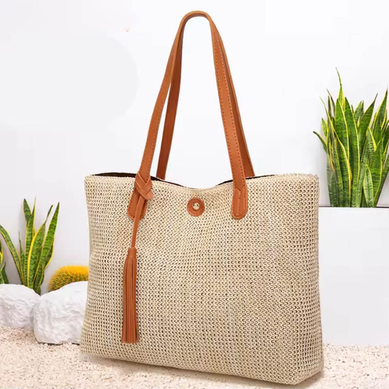 Hand-woven straw tote bag